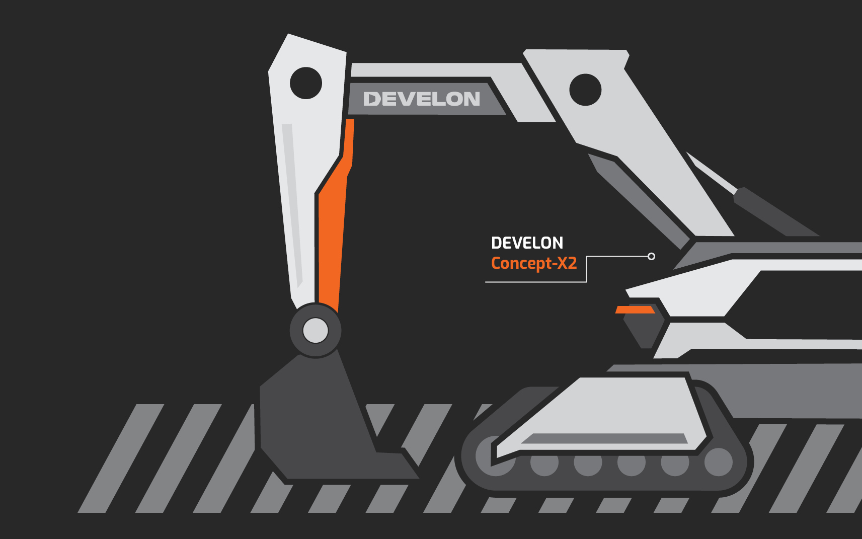 An illustration of a futuristic-looking excavator from DEVELON with “DEVELON Concept-X2” text overlaying the illustration.