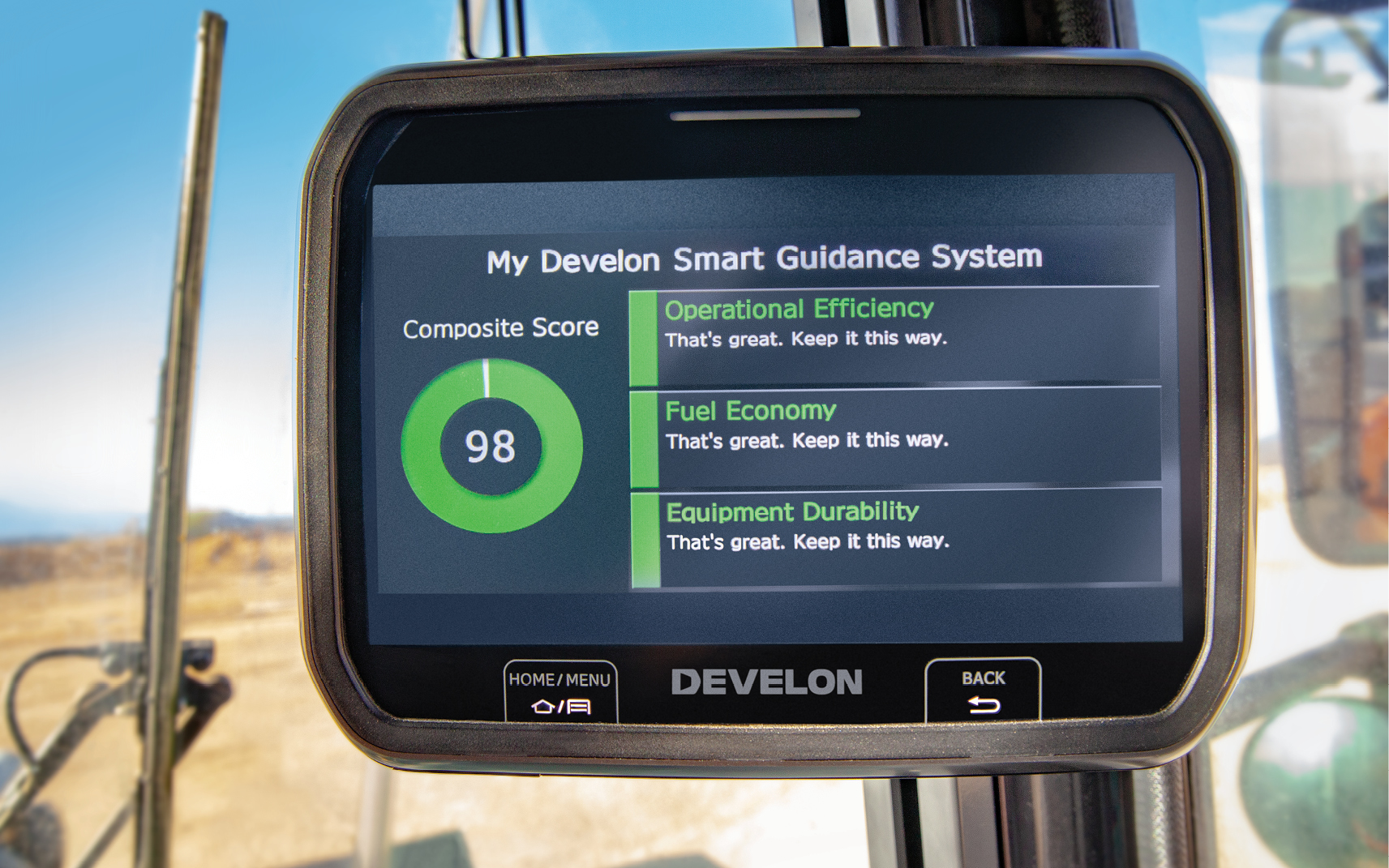 A DEVELON Smart Touch Display shows equipment diagnostics.