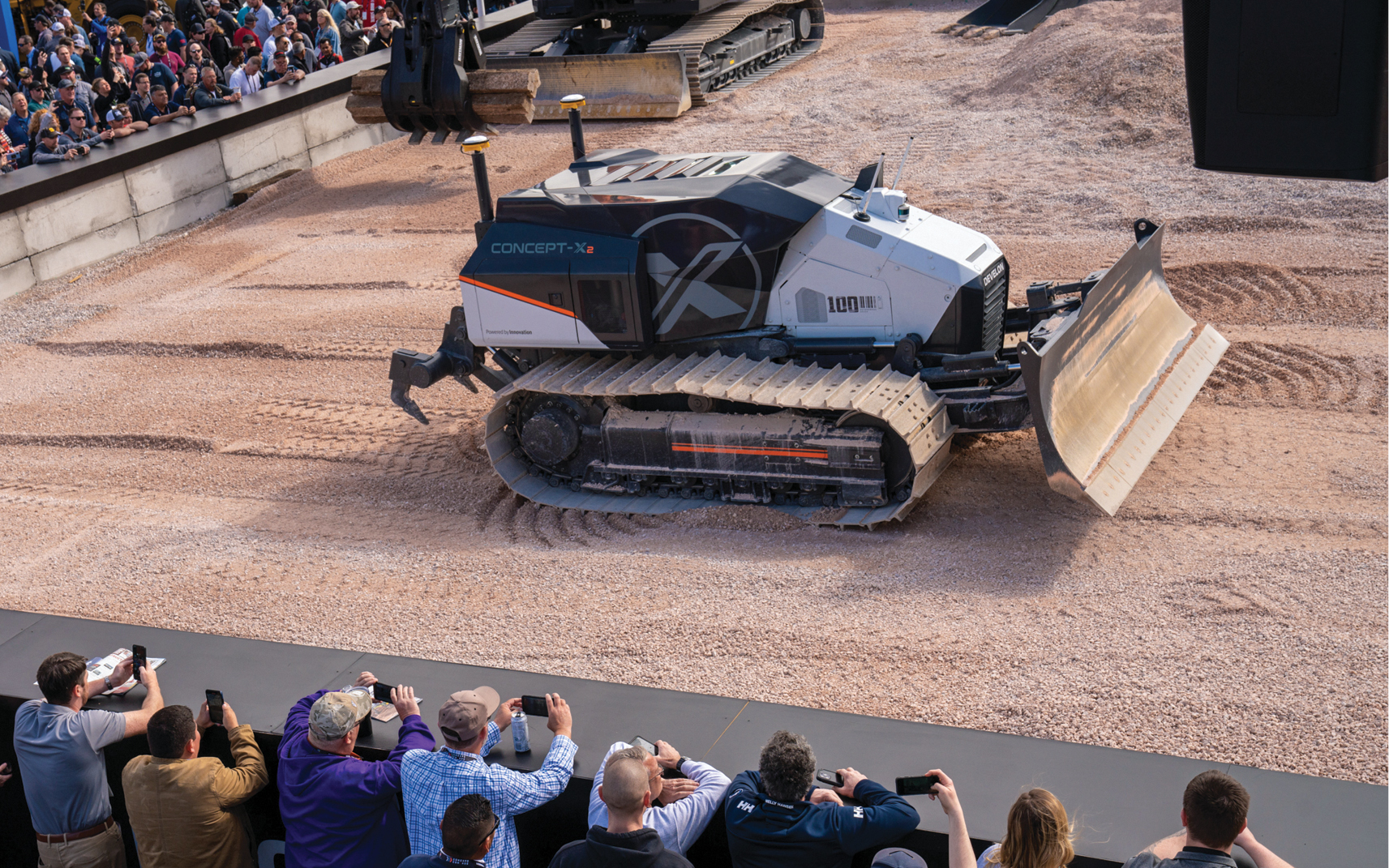 An autonomous dozer is being demonstrated in the DEVELON booth at CONEXPO-CON/AGG in Las Vegas.