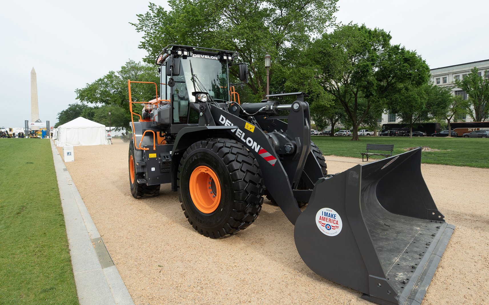 A DEVELON DL320-7 wheel loader on display on the National Mall in Washington, D.C.