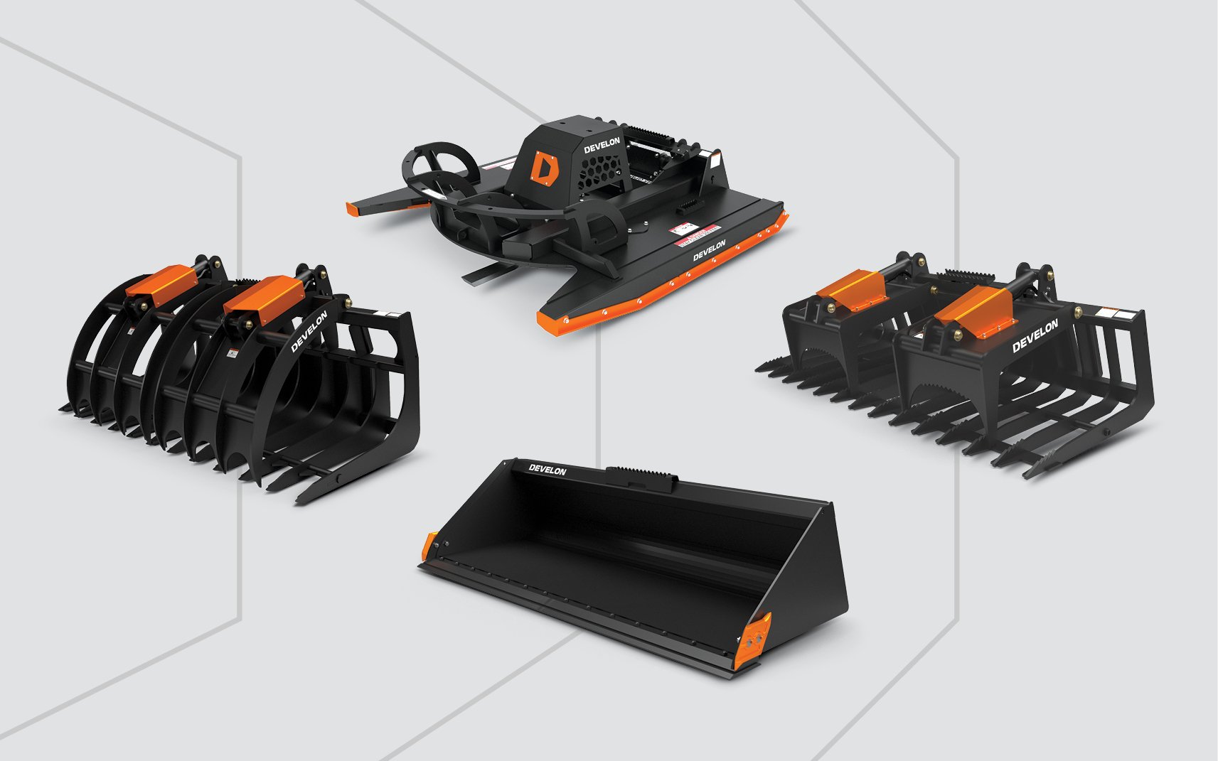 CTL attachments for construction, including a bucket, rotary cutter and grapples.