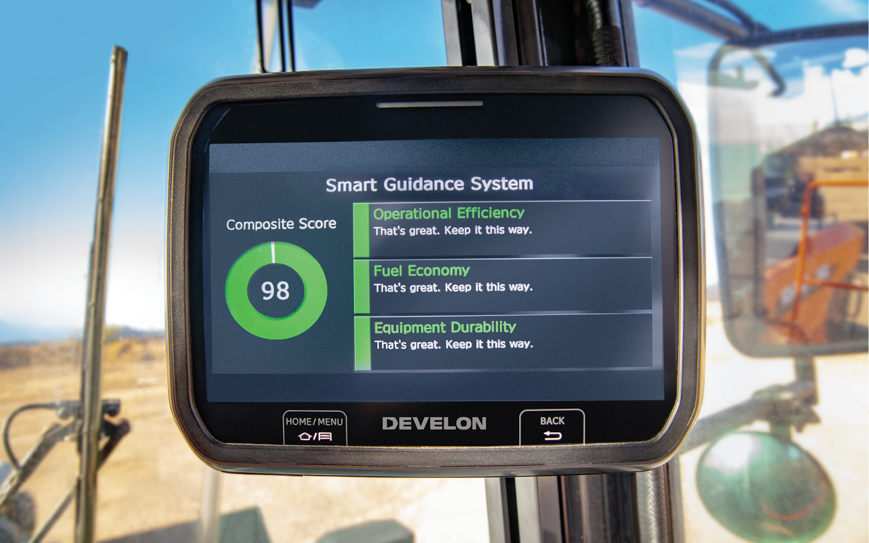 Monitor showing the new Smart Guidance System technology with Operational Efficiency, Fuel Economy and Equipment Durability.