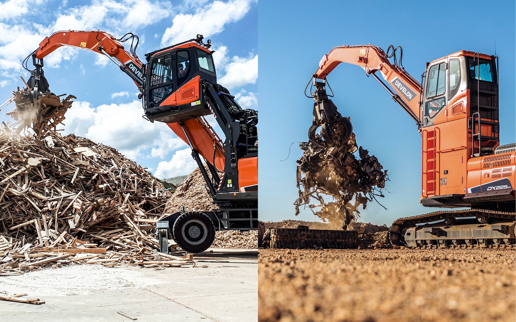 A side-by-side comparison of a wheel material handler and a tracked material handler.