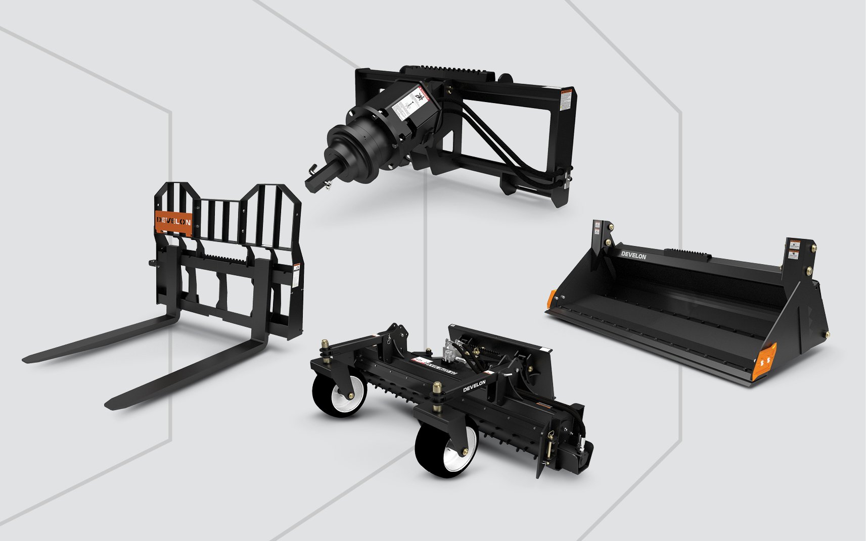 CTL attachments for landscaping, including an auger, bucket, pallet fork and power rake.