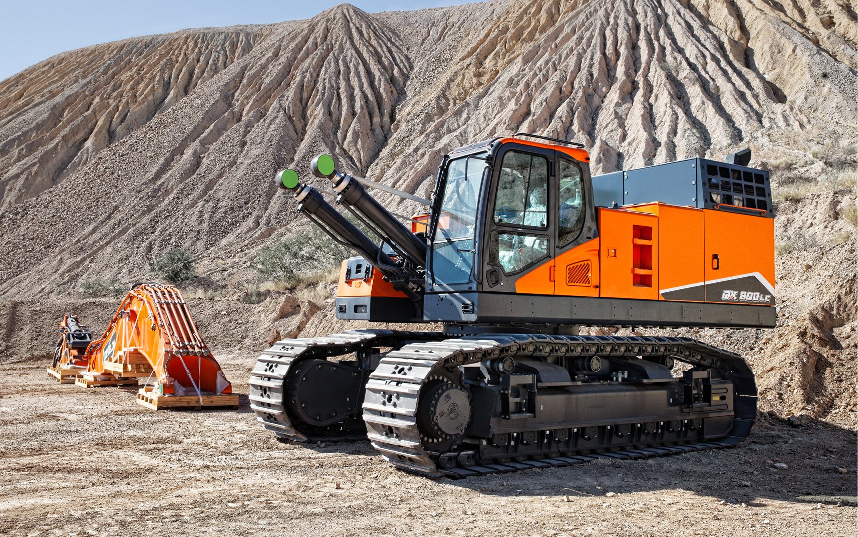 A DX800LC-7 crawler excavator being disassembled before being transported to another jobsite.