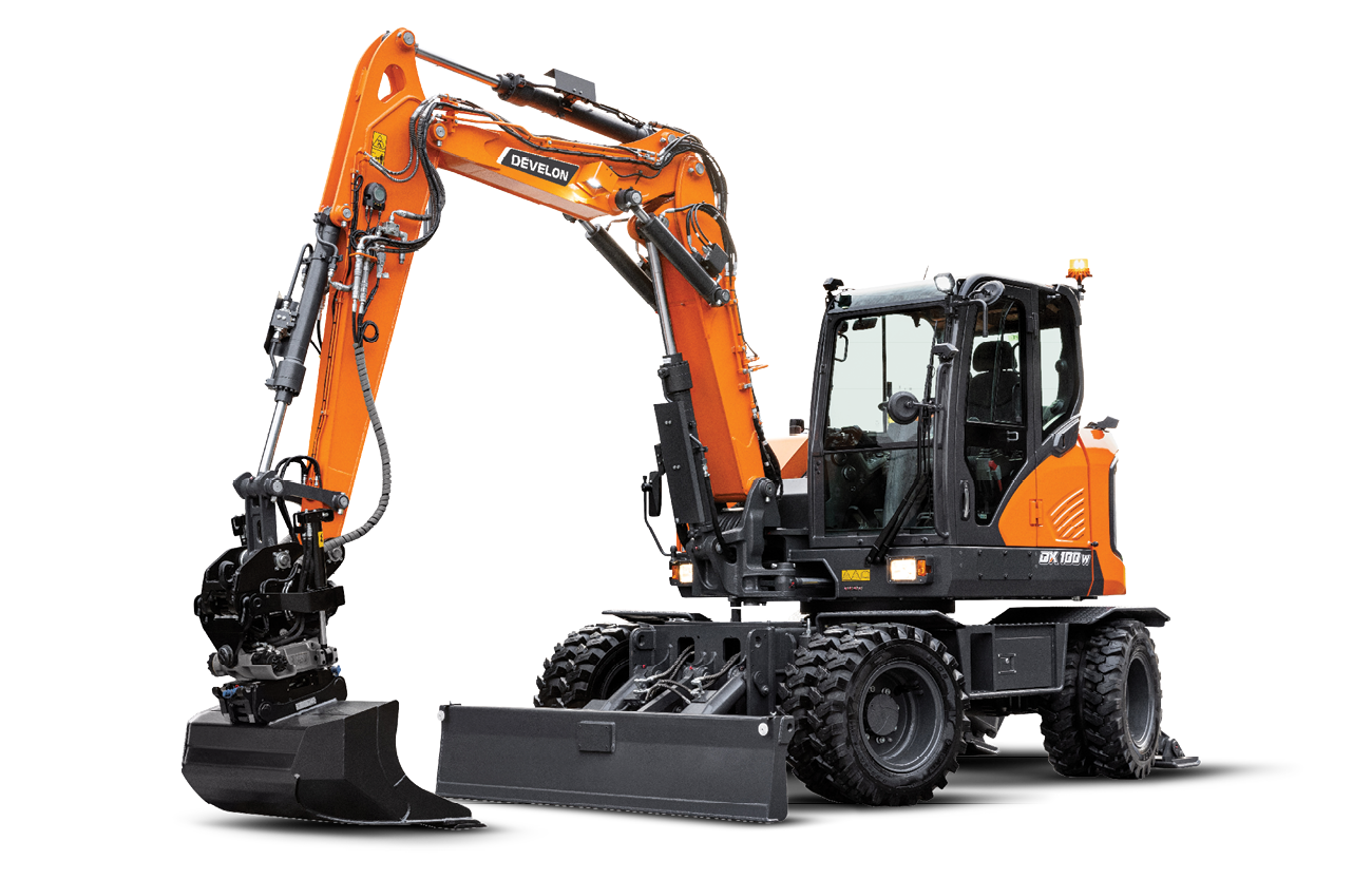 A COB image of a DEVELON DX100W-7 mini wheel excavator.